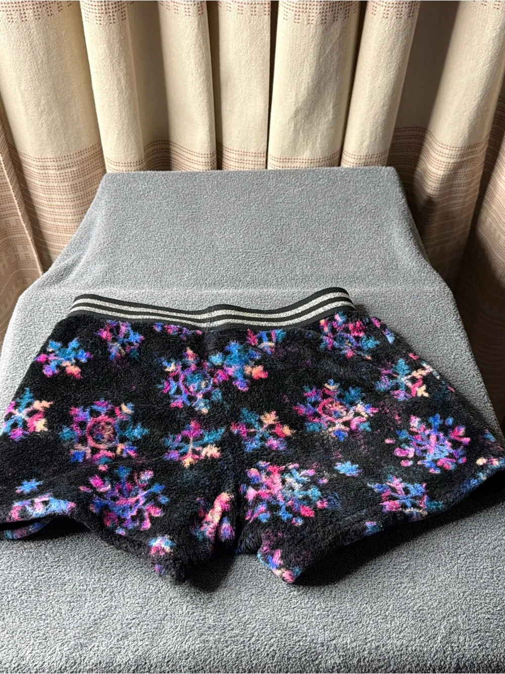 More Than Magic Black Fuzzy Floral Pajama Shorts with Multicolor Snowflake Print